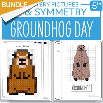 Preview of BUNDLE Groundhog Day Math Activities Symmetry and Mystery Picture Grade 5 