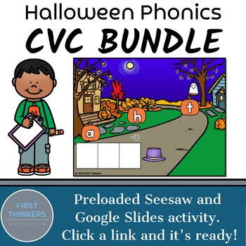 Preview of BUNDLE Halloween Phonics Activities Short Vowels CVC Words Google Seesaw | Fall