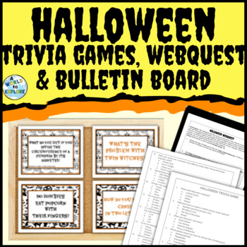 Preview of Halloween Activities Bundle with a WebQuest, Trivia Games and Bulletin Board Set
