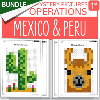 Preview of BUNDLE Hispanic Heritage Month Peru Mexico Math Mystery Pictures Grade 1