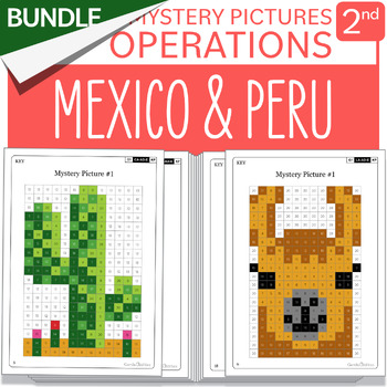 Preview of BUNDLE Hispanic Heritage Month Peru Mexico Math Mystery Pictures Grade 2