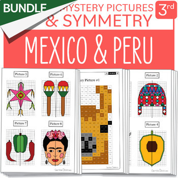 Preview of BUNDLE Hispanic Heritage Month Peru Mexico Symmetry Math Mystery Picture Grade 3