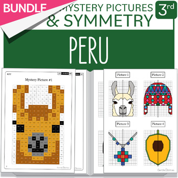 Preview of BUNDLE Hispanic Heritage Month Peru Symmetry and Math Mystery Pictures Grade 3