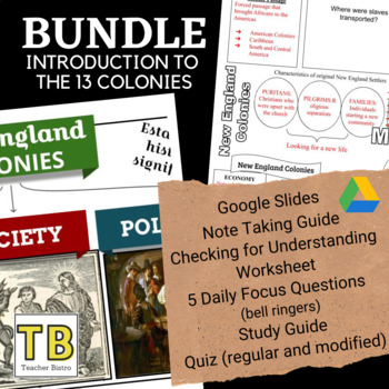 Preview of BUNDLE Introduction to 13 Colonies Slides, quiz, bell ringers, note taking guide