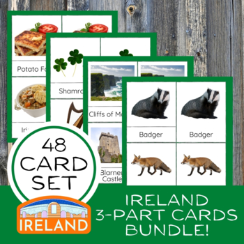 Preview of BUNDLE: Ireland 3-Part Cards 4 Sets Montessori Geography Culture Science