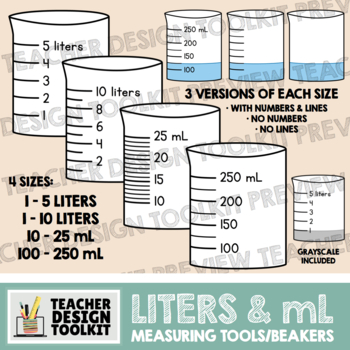 Preview of 234 images! Liters and mL Measuring Cups Clip Art - Liquid Containers - Beakers