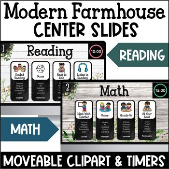 Preview of BUNDLE Modern Farmhouse Reading & Math Center Rotation Slides w/ Visual Timers