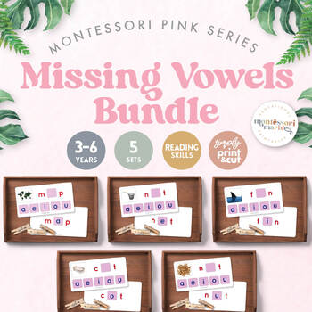 Preview of BUNDLE Montessori Pink Series Missing Vowels SHORT A,E,I,O,U for Preschoolers