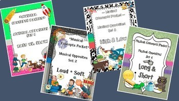Preview of BUNDLE - Musical Opposites Concepts Worksheets Sets 1-4:  PDF's