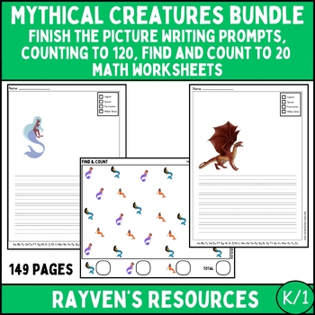 Preview of BUNDLE! Mythical Creatures: Writing Prompts, Find and Count within 20, K/1st