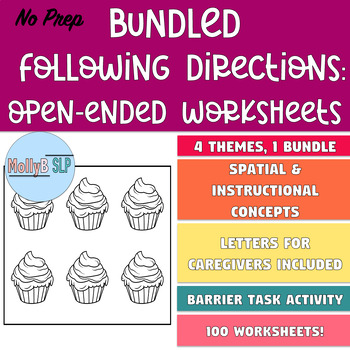 Preview of YEARLONG BUNDLE No Prep Following Directions & Prepositions Sheets: Barrier Task