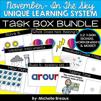 Preview of BUNDLE November Unique Learning System Task Boxes- ULS Unit 19- In The Sky