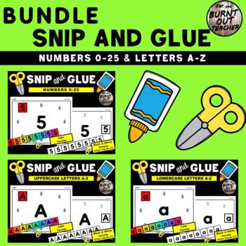 Preview of BUNDLE Numbers & Letters SNIP GLUE cut paste fine motor activity worksheet PreK