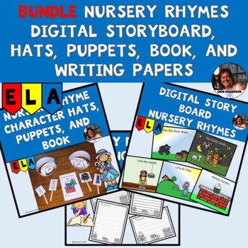 Preview of BUNDLE Nursery Rhyme Hats, Puppets, Book, Digital Storyboard, and Writing Paper