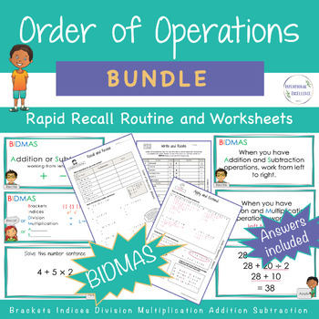 Preview of BUNDLE BIDMAS Order of Operations Math Warm up Worksheets Review 5th - 6th Grade