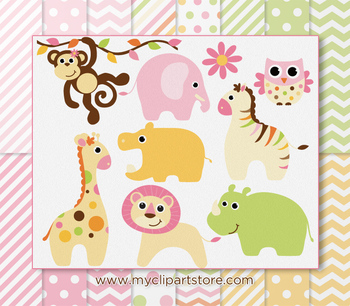 Mini Bundle Baby Safari Animals Girl Clipart And Digital Papers