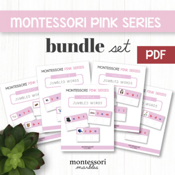 Preview of BUNDLE PACK  Montessori Pink Series Jumbled Word Cards for Short A, E, I, O, U