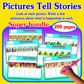 Preview of BUNDLE PICTURES TELL STORIES 6 pictures sequencing writing prompts ABA ESL