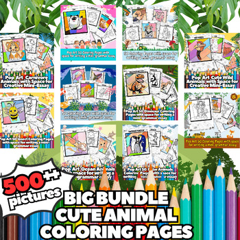 Preview of BUNDLE - Pop Art 500 Pages of Cute Animal Coloring Pages with Space for Essay