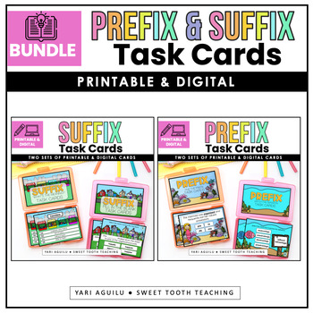 Preview of Prefix & Suffix Task Cards & Digital Boom Cards™ | BUNDLE | Literacy Centers