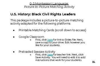 Preview of BUNDLE Printable + Seesaw + Google Montessori US History Matching Black Leaders