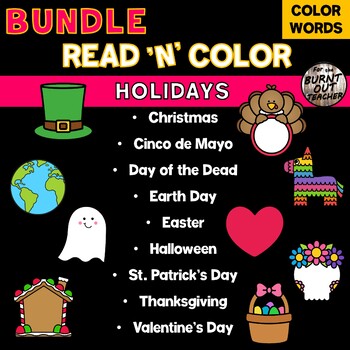 Preview of BUNDLE READ & COLOR WORDS Worksheets HOLIDAYS CHRISTMAS HALLOWEEN EASTER