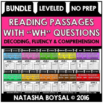 Preview of BUNDLE Reading Comprehension Passages with "WH" Questions (Leveled)