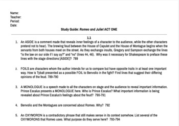 Preview of BUNDLE: Romeo and Juliet Acts 1-5 Study Guide with Key (EDITABLE)