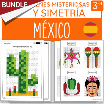 Preview of BUNDLE SPANISH Version Mexico Symmetry and Math Mystery Pictures Grade 3