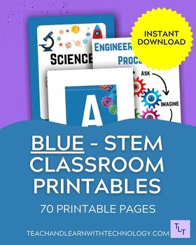 Preview of BUNDLE- STEM Gear BLUE Theme Classroom Decor, STEM Posters, Makerspace label
