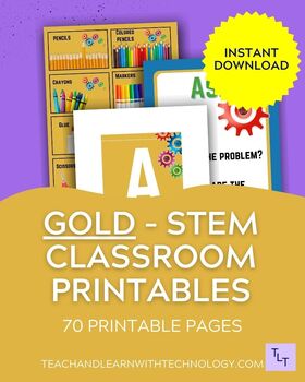 Preview of BUNDLE- STEM Gear GOLD Theme Classroom Decor, STEM Posters, Makerspace label