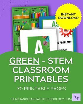 Preview of BUNDLE- STEM Gear GREEN Theme Classroom Decor, STEM Posters, Makerspace label