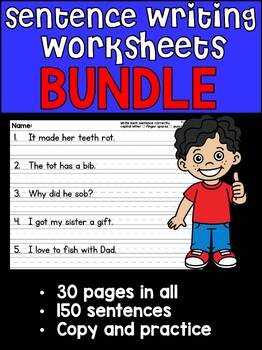 Preview of BUNDLE : Sentence Writing Worksheets | Copy Sentences | Kindy, 1st, 2nd Grade