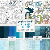 BUNDLE - Shark ClipArt, Shark Line Art, Water Digital Paper