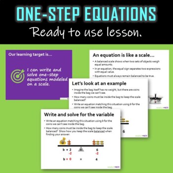 Preview of BUNDLE-Solving one-step equations on a balanced scale-Lesson & Handout