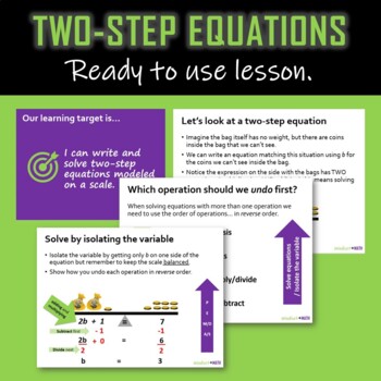 Preview of BUNDLE-Solving two-step equations on a balanced scale-Lesson & Handout