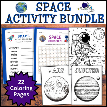 Preview of BUNDLE Space Activities- Solar System Unit/Party-Coloring, Word Search, Scramble