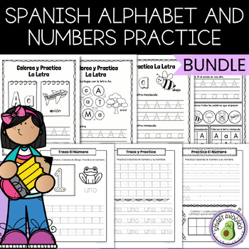 Preview of BUNDLE Spanish Alphabet and Numbers (1-20) Practice, No Prep, PreK, Kindergarten