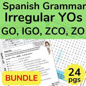 Preview of BUNDLE Spanish Irregular YO Verbs, GO, IGO, ZCO, ZO Worksheets & Puzzles