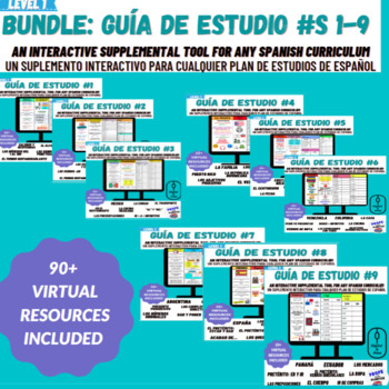 Preview of BUNDLE: Spanish Study Guides 1-9 Level 1 Beginning Spanish Videos + Activities