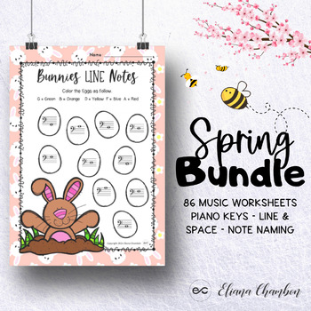 Preview of Spring BUNDLE  Music Theory Worksheets - Line & Space / Note Naming / Piano Keys