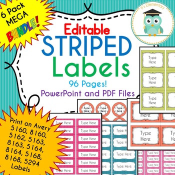 Preview of BUNDLE Stripe Labels Editable Classroom Notebook Folder Name Tags (PARTY)