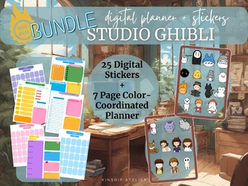 Preview of BUNDLE = Studio Ghibli 25 Digital Stickers with Color-Inspired Planner
