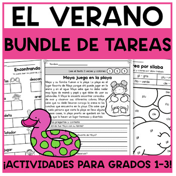 Preview of BUNDLE Summer Reading Math Fun Homework Packet Spanish Tarea Lectura Matemáticas