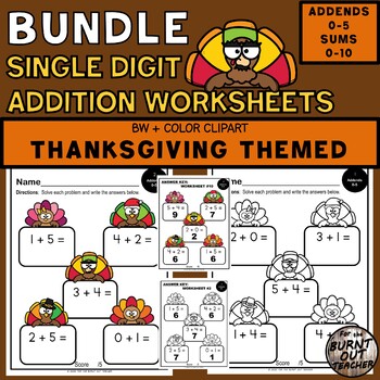 Preview of BUNDLE THANKSGIVING TURKEY DISGUISE ADDITION WORKSHEETS SUMS TO 10 NOVEMBER