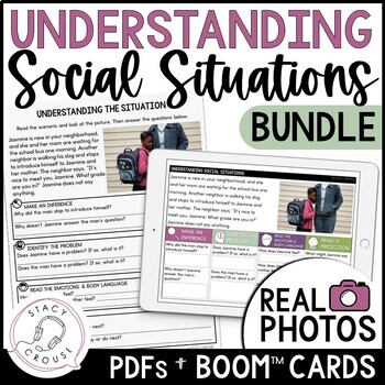 Preview of Social Situations Problem Solving Scenarios Worksheets PDF + Boom™ Cards BUNDLE