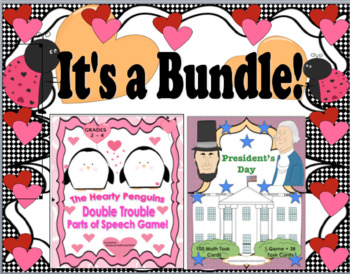 Preview of BUNDLE Valentine's Day Grammar 100  Presidents Math Task Cards games centers