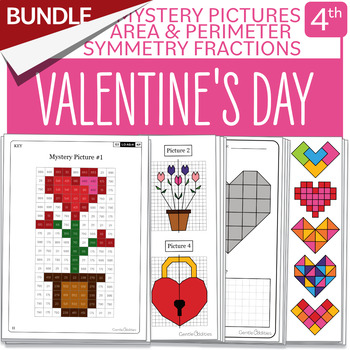 Preview of BUNDLE Valentine's Day Symmetry Mystery Pictures Grade 4 Fraction Area Perimeter