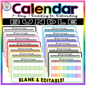 BUNDLE!! Variety Pack of Blank Yearly Calendars - 7-Day - EDITABLE - 14 ...