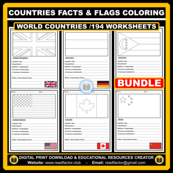 Preview of BUNDLE World Countries Facts Activity and Flags Coloring - 194 Worksheets